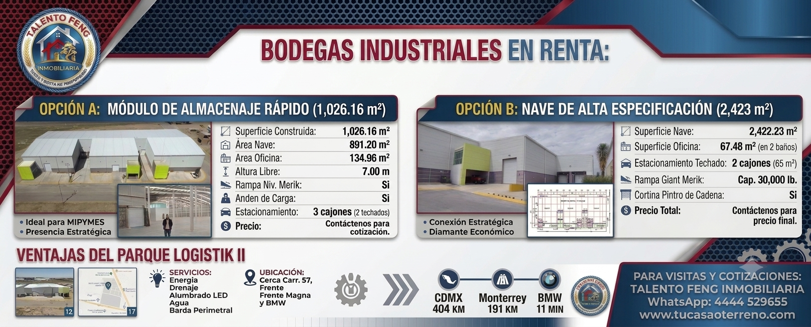 Naves / Bodegas Industriales en Renta — Parque Logistik II, Villa de Reyes SLP. Opción A: Módulo 1,026 m². Opción B: Nave 2,423 m²
